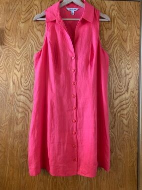 Forever New Button-Front Sleeveless Linen Dress in Bright Pink